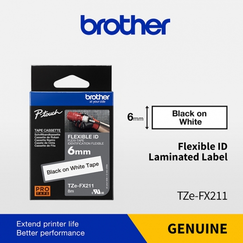 BROTHER TZE-FX211 / Nhãn 6mm màu trắng siêu dẻo